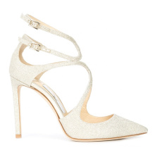 Women White Glitter Strappy Pointed Toe Stiletto Pumps Wedding Shoes Bridal